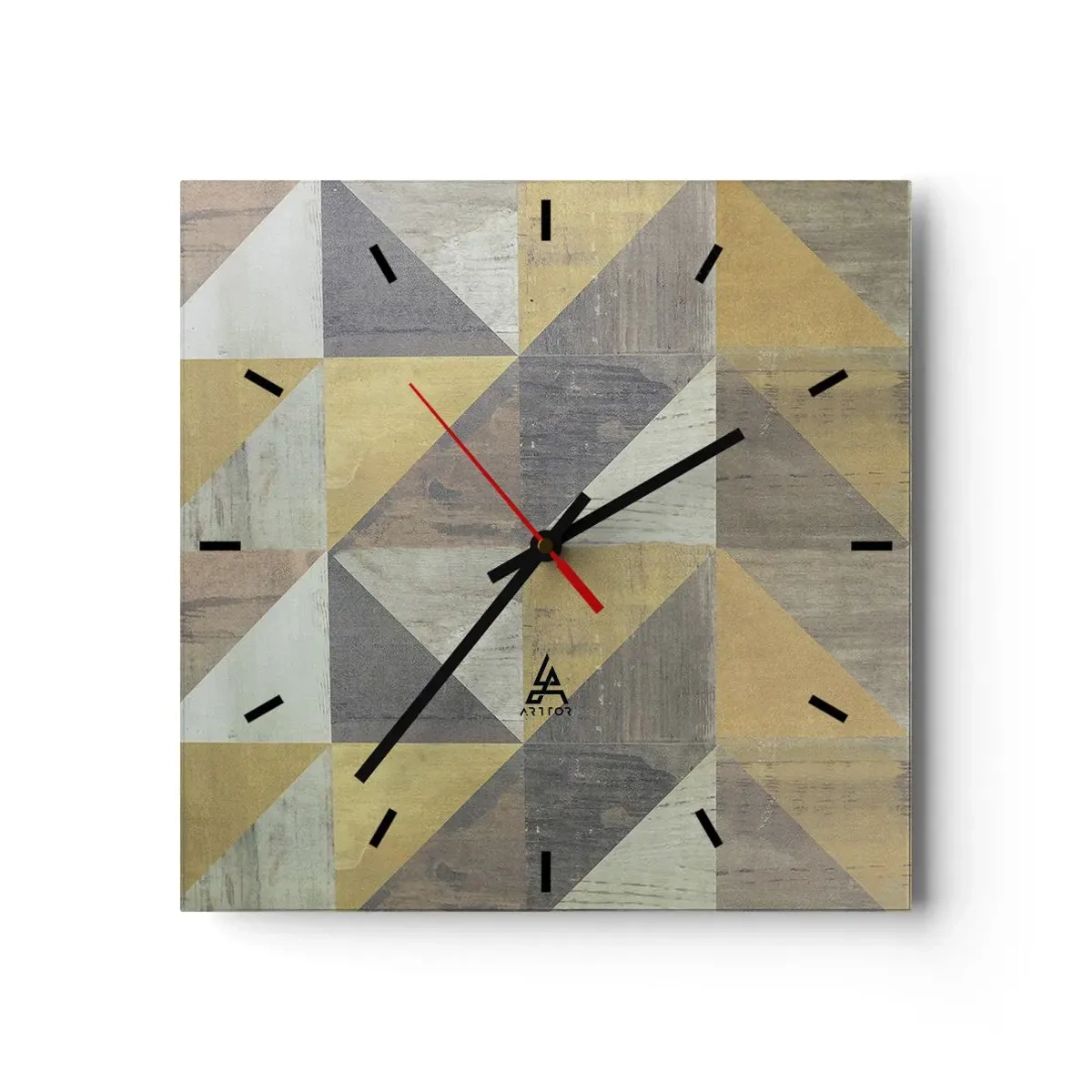 Zegar ścienny - Geometryczna kompozycja trójkątów w odcieniach ziemi - 30x30cm - Pod kątem trójkąta - Nowoczesna dekoracja ścienna do salonu i sypialni ARTTOR