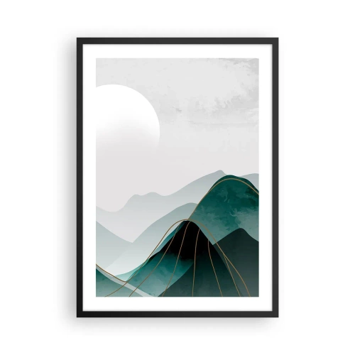 Plakat w czarnej ramie - Abstrakcyjne góry w odcieniach zieleni z delikatnym złotem - 50x70cm - W pełnym majestacie - Nowoczesna dekoracja ścienna do salonu i sypialni ARTTOR