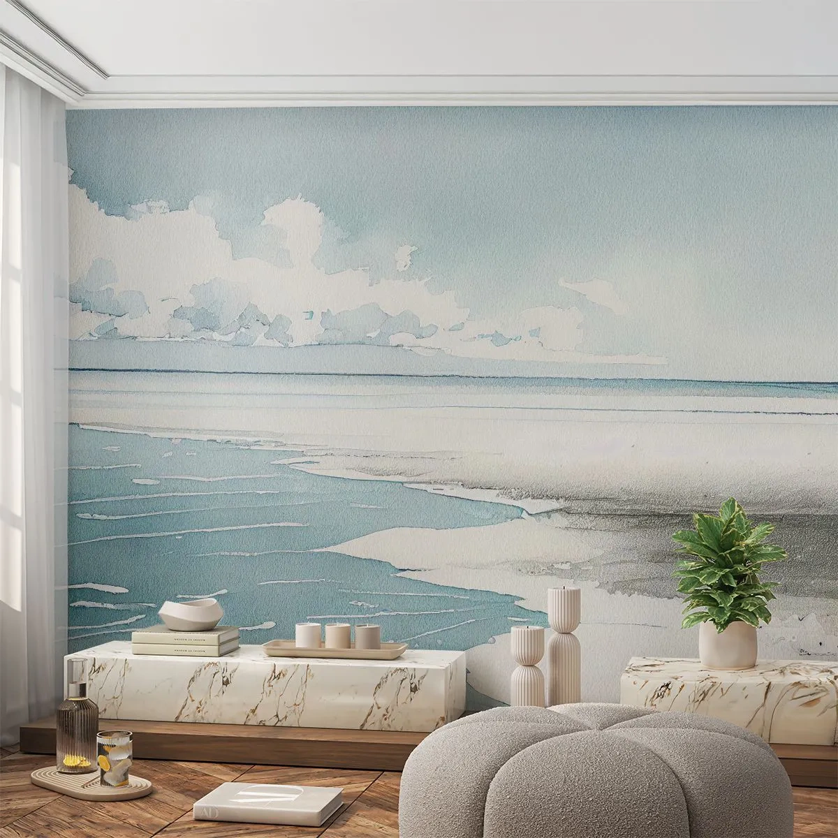 Fototapeta Premium Sand - Błękitne morze i biała plaża w akwarelowej kompozycji - 100x70cm - Łagodny przypływ - Nowoczesna dekoracja ścienna do salonu, kuchni i sypialni ARTTOR