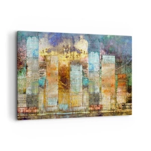 Obraz na płótnie - Abstrakcyjne wieżowce w industrialnej stylistyce - 120x80cm - Słoneczna metropolia - Nowoczesna dekoracja ścienna do salonu, kuchni i sypialni ARTTOR
