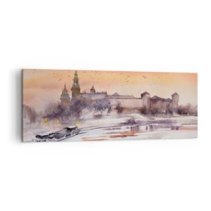 Obraz na płótnie - Zachód słońca nad zamkiem w zimowej scenerii - 140x50cm - Królewski zachód słońca - Nowoczesna dekoracja ścienna do salonu i sypialni ARTTOR