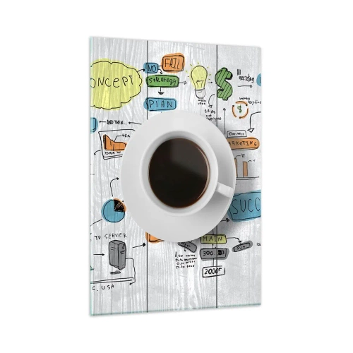 Obraz na szkle - Filiżanka kawy na tle rysunkowego planu koncepcyjnego - 80x120cm - Czas na przerwę - Nowoczesna dekoracja ścienna do salonu i sypialni ARTTOR