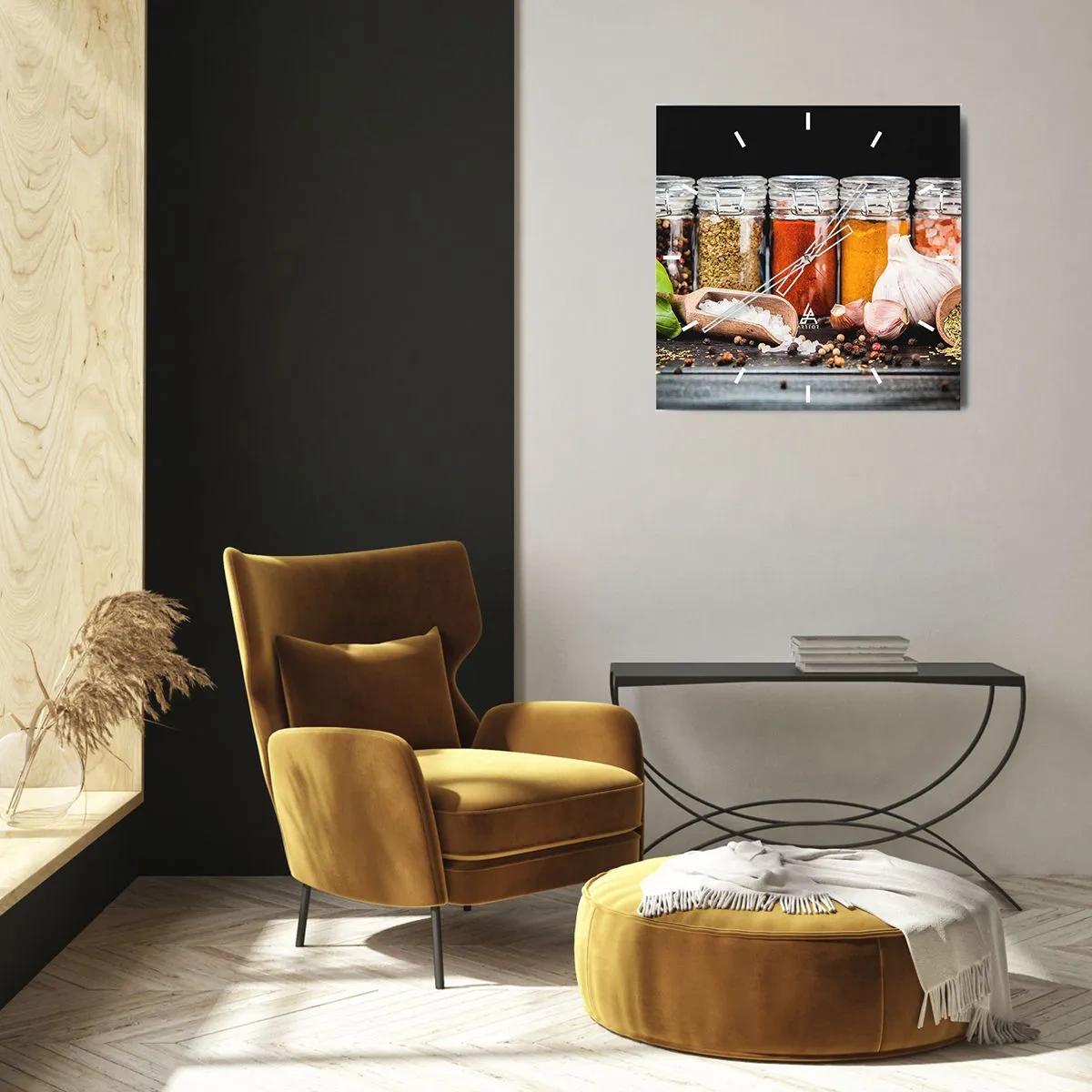 Zegar ścienny - Zioła i przyprawy w szklanych słoikach na ciemnym tle - 30x30cm - Żeby życie miało smak - Nowoczesna dekoracja ścienna do salonu i sypialni ARTTOR