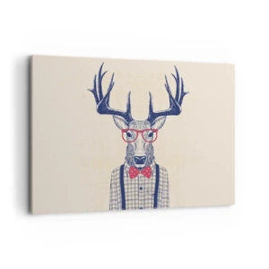Obraz na płótnie - Stylizowana grafika jelenia w okularach i muszce - 120x80cm - Zabawna ekstrawagancja - Nowoczesna dekoracja ścienna do salonu, kuchni i sypialni ARTTOR