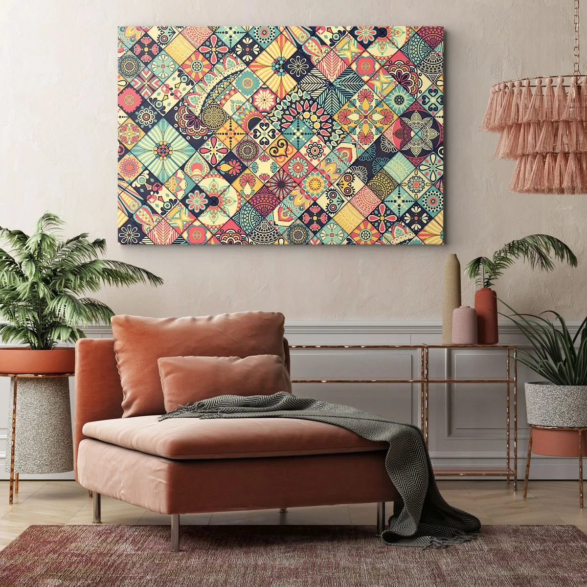 Obraz na płótnie - Kolorowe geometryczne wzory inspirowane stylem marokańskim - 70x50cm - Marokańskie klimaty - Nowoczesna dekoracja ścienna do salonu i sypialni ARTTOR