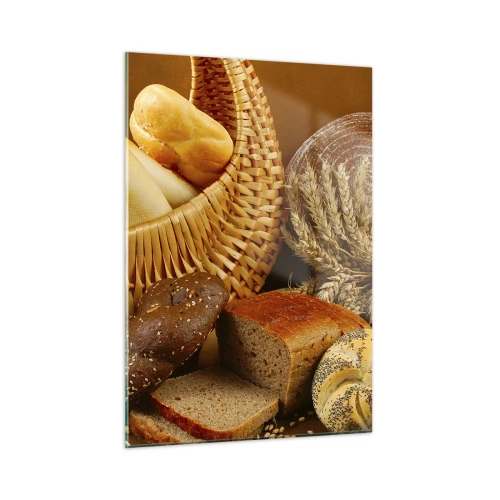 Obraz na szkle - Kosz z pieczywem i bochenki na tle kłosów zboża - 50x70cm - Znowu się nam upiekło - Nowoczesna dekoracja ścienna do salonu, kuchni i sypialni ARTTOR