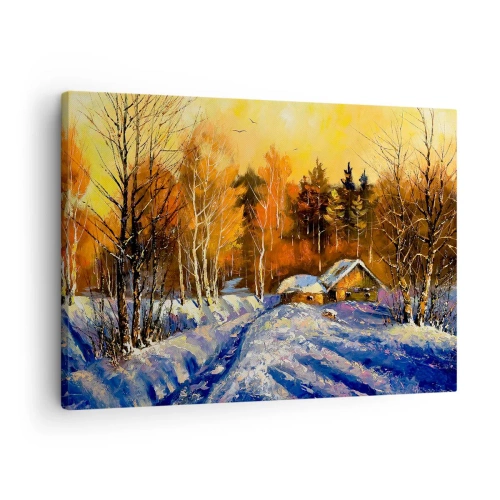 Obraz na płótnie - Zimowy krajobraz z domem w świetle zachodzącego słońca - 70x50cm - Zimowa impresja w słońcu - Nowoczesna dekoracja ścienna do salonu i sypialni ARTTOR