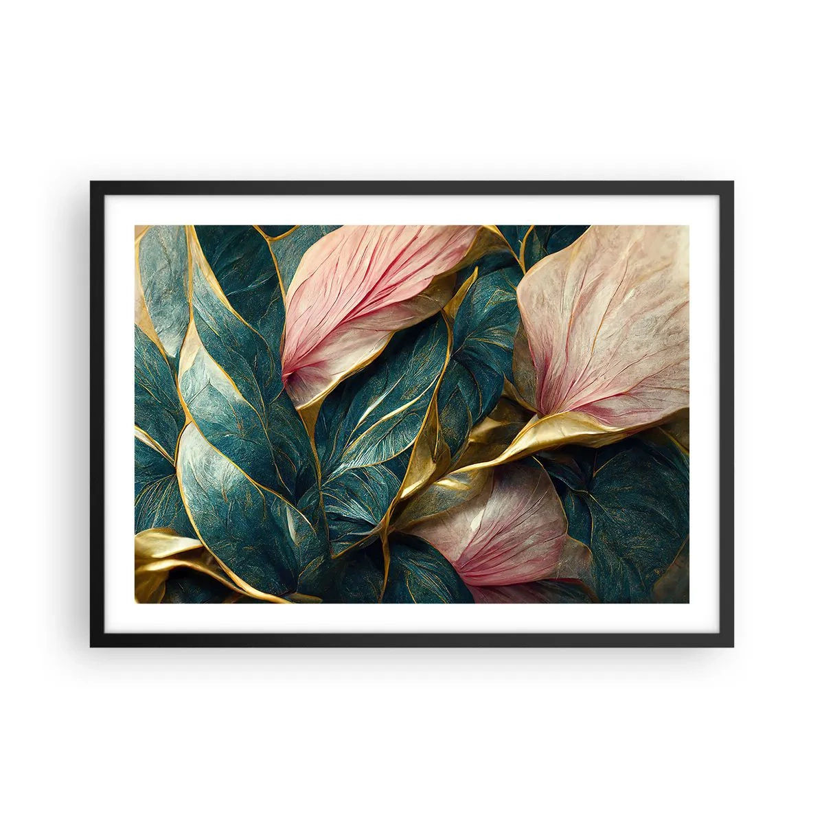 Plakat w czarnej ramie - Eleganckie liście w zieleni, złocie i różu - 70x50cm - Naturalna elegancja i styl - Nowoczesna dekoracja ścienna do salonu i sypialni ARTTOR