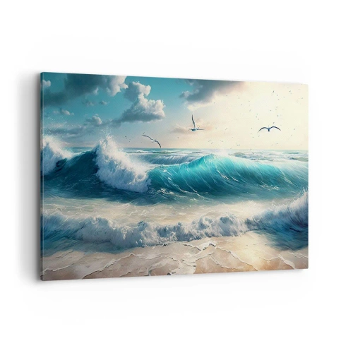 Obraz na płótnie - Morskie fale na plaży pod błękitnym niebem z mewami - 120x80cm - Szumi tylko dla ciebie - Nowoczesna dekoracja ścienna do salonu, kuchni i sypialni ARTTOR