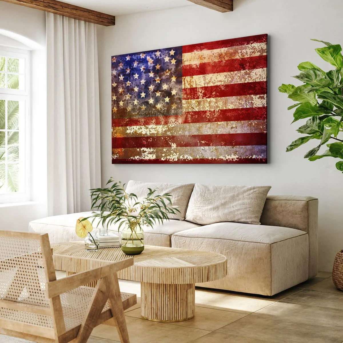 Obraz na płótnie - Stylizowana flaga USA z efektem postarzenia - 70x50cm - Chwała nie przemija - Nowoczesna dekoracja ścienna do salonu i sypialni ARTTOR