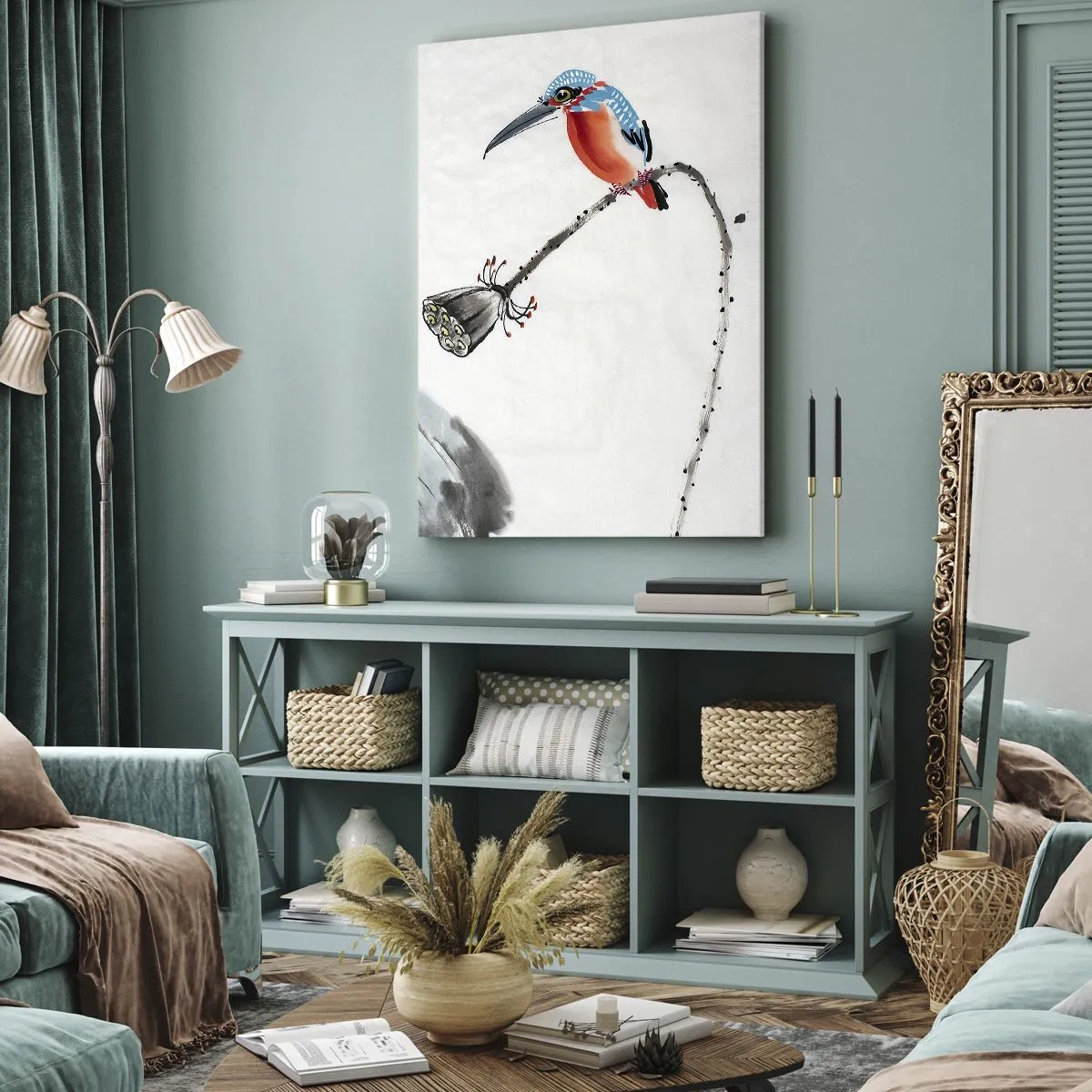 Obraz na płótnie - Kolorowy ptak na gałązce z nasionami na jasnym tle - 50x70cm - Życie łąki - Nowoczesna dekoracja ścienna do salonu, kuchni i sypialni ARTTOR