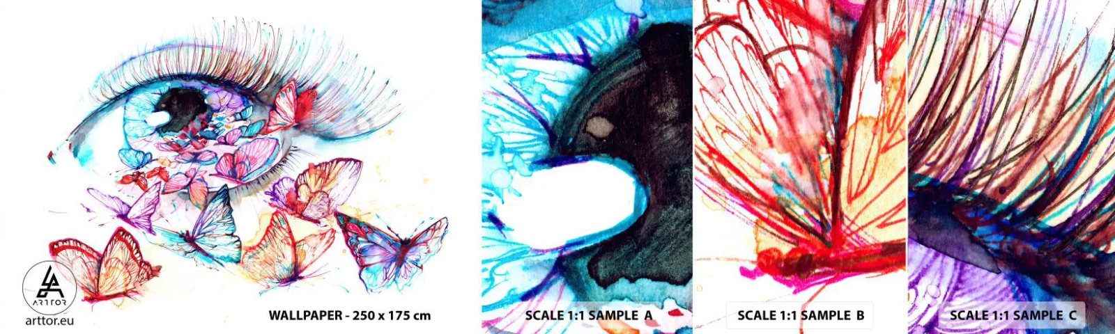Fototapeta Próbka Samoprzylepna Deluxe Sticker - Bajkowy oczu czar - Kobiece Oko, Motyl, Abstrakcja - 100x30 cm