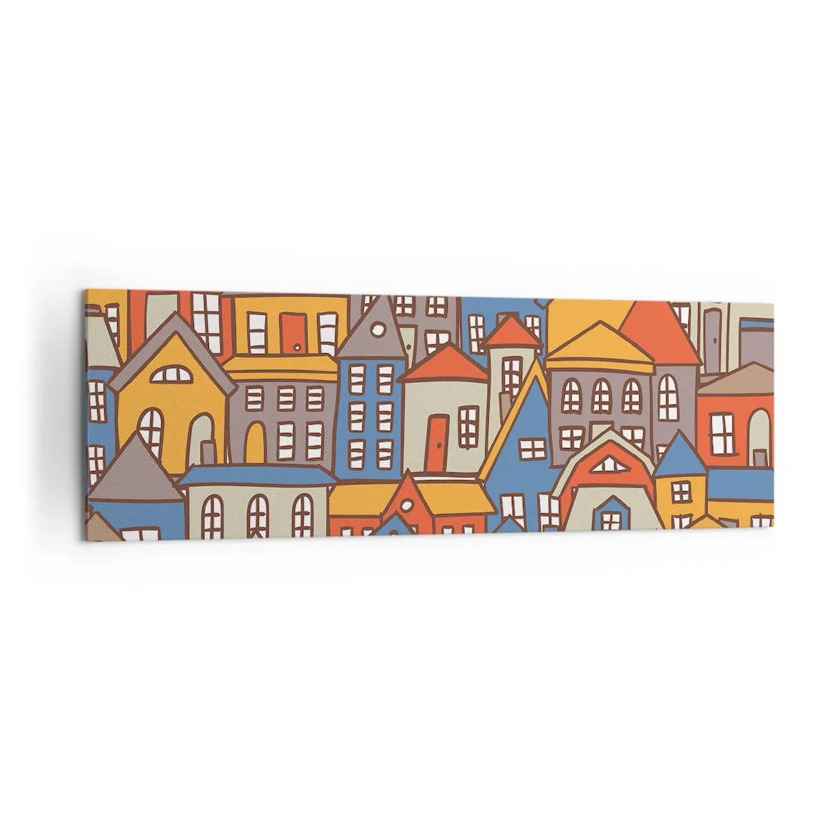 Obraz na płótnie - Kolorowe domki w stylu graficznym na jasnym tle - 160x50cm - Za domem dom - Nowoczesna dekoracja ścienna do salonu i sypialni ARTTOR