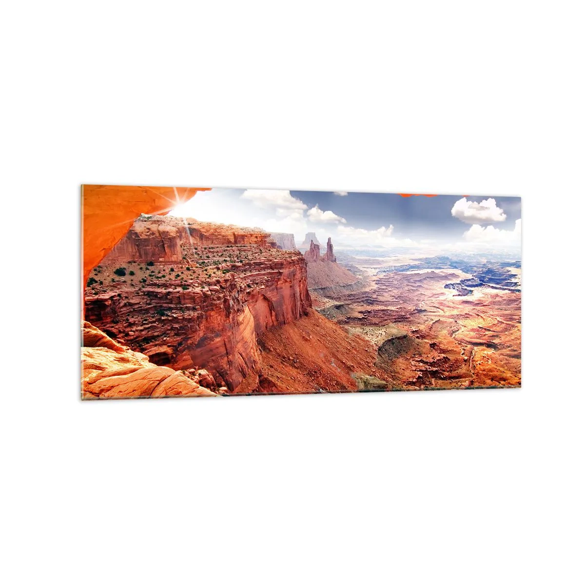Obraz na szkle - Kanion widziany przez skalne okno z ciepłymi odcieniami skał - 120x50cm - Wyrzeźbione przez samą naturę - Nowoczesna dekoracja ścienna do salonu i sypialni ARTTOR