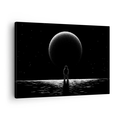 Obraz na płótnie - Astronauta na tle wielkiej planety w przestrzeni kosmicznej - 70x50cm - Twarzą w twarz - Nowoczesna dekoracja ścienna do salonu i sypialni ARTTOR