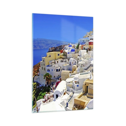 Obraz na szkle - Panorama Santorini z białymi domami i błękitnym niebem - 80x120cm - Marzenie o greckim lecie - Nowoczesna dekoracja ścienna do salonu i sypialni ARTTOR