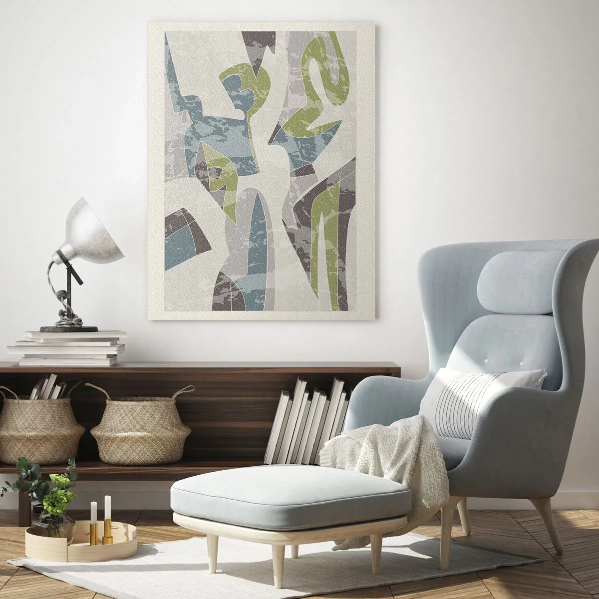 Obraz na szkle - Abstrakcyjne kształty w zieleni i błękicie na jasnym tle - 80x120cm - Kompozycja za szybą - Nowoczesna dekoracja ścienna do salonu i sypialni ARTTOR