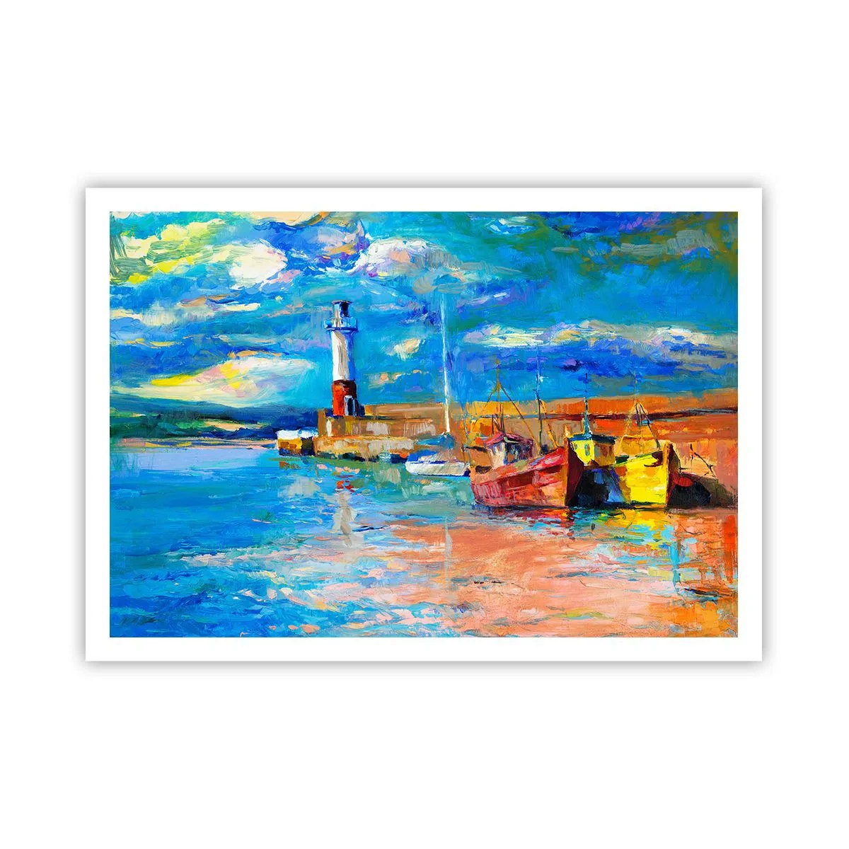 Plakat - Port rybacki z łodziami i latarnią morską w jasnych kolorach - 100x70cm - Popołudnie w tęczowej zatoce - Nowoczesna dekoracja ścienna do salonu i sypialni ARTTOR