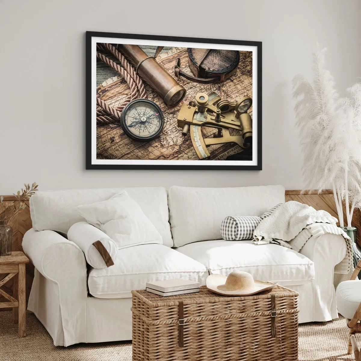 Plakat w czarnej ramie - Kompas, sekstant i luneta na tle starej mapy i liny żeglarskiej - 70x50cm - Wyznacz kurs - Nowoczesna dekoracja ścienna do salonu i sypialni ARTTOR