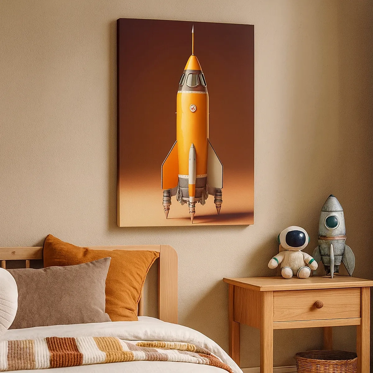 Obraz na płótnie - Stylizowana rakieta w odcieniach pomarańczu i złota na tle retro - 50x70cm - Zaczyna się od marzenia - Nowoczesna dekoracja ścienna do salonu, kuchni i sypialni ARTTOR