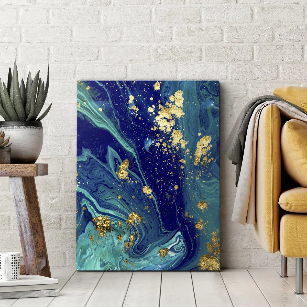 Obraz na płótnie - Abstrakcyjna kompozycja z błękitem, zielenią i złotymi akcentami - 70x100cm - Płatki słońca  - Nowoczesna dekoracja ścienna do salonu i sypialni ARTTOR