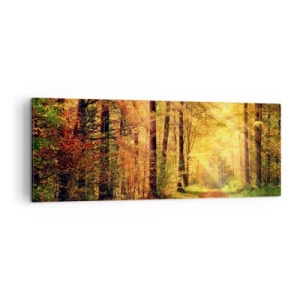 Obraz na płótnie - Leśna ścieżka otoczona złotymi i zielonymi drzewami - 140x50cm - Leśno-złota cisza - Nowoczesna dekoracja ścienna do salonu i sypialni ARTTOR
