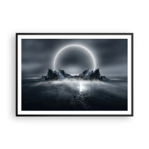 Plakat w czarnej ramie - Tajemniczy krajobraz z pierścieniem światła nad górami - 100x70cm - Finał opowieści - Nowoczesna dekoracja ścienna do salonu i sypialni ARTTOR