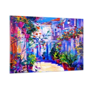 Obraz na szkle - Kolorowa uliczka z kwitnącymi roślinami i światłem - 120x80cm - Impresja - włoska uliczka - Nowoczesna dekoracja ścienna do salonu, kuchni i sypialni ARTTOR
