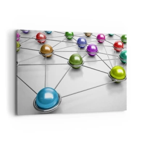 Obraz na płótnie - Kolorowe kulki połączone cienkimi liniami na białym tle - 120x80cm - Kosmiczna pajęczyna - Nowoczesna dekoracja ścienna do salonu, kuchni i sypialni ARTTOR