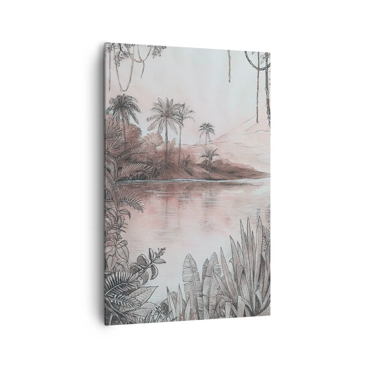 Obraz na płótnie - Rysunkowy pejzaż tropikalny w stylu vintage z palmami i wodą - 80x120cm - XIX-wieczny pamiętnik odkrywcy - Nowoczesna dekoracja ścienna do salonu i sypialni ARTTOR