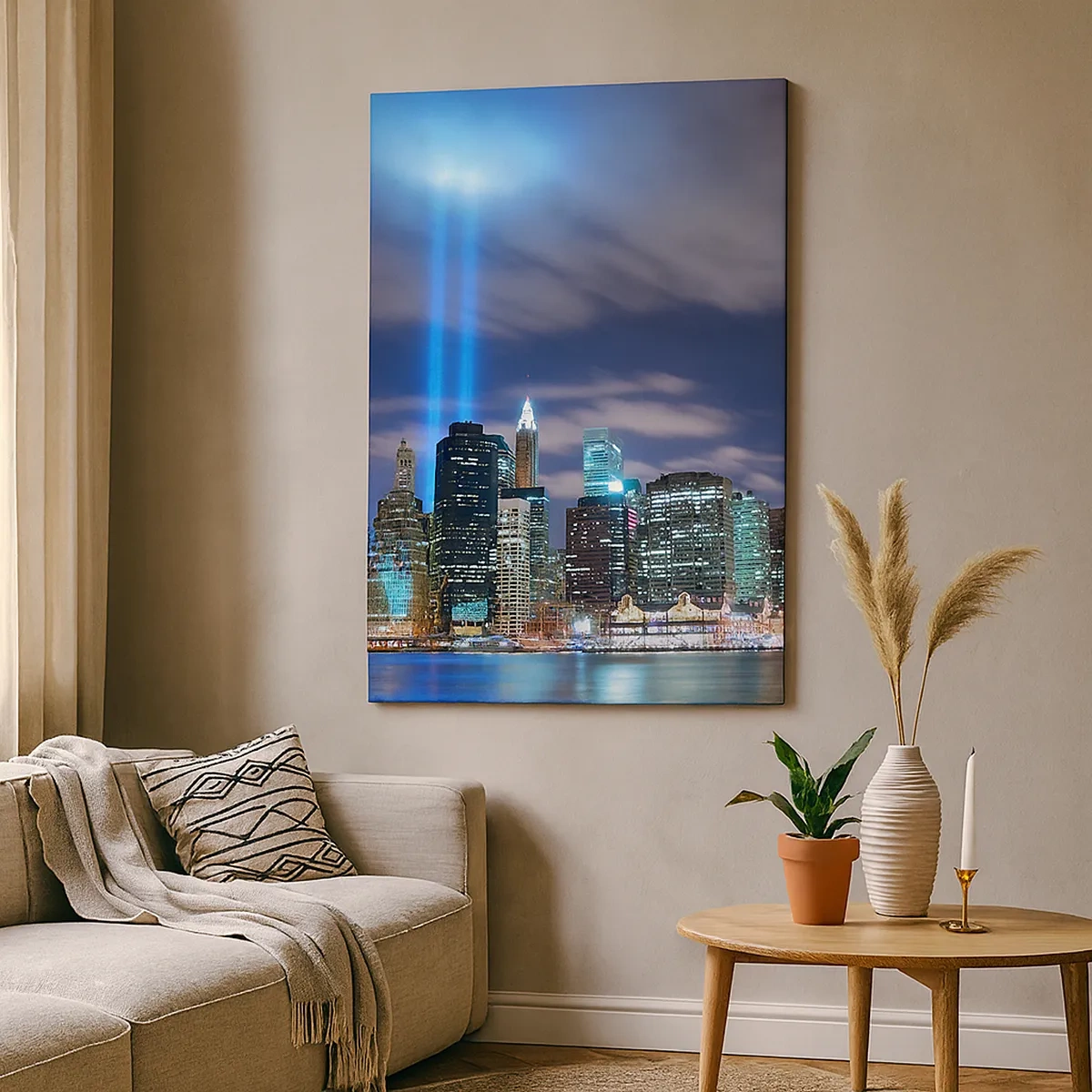 Obraz na płótnie - Panorama Nowego Jorku z Tribute in Light nocą - 50x70cm - Światłem dosięgnąć nieba - Nowoczesna dekoracja ścienna do salonu, kuchni i sypialni ARTTOR