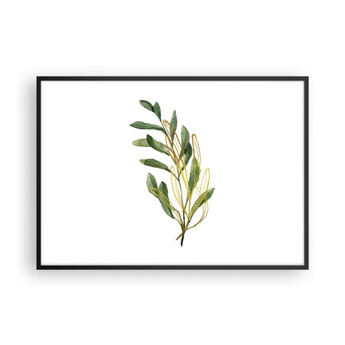 Plakat w czarnej ramie - Zielona gałązka z liśćmi na białym tle - 100x70cm - Wszystko co dobre - Nowoczesna dekoracja ścienna do salonu i sypialni ARTTOR
