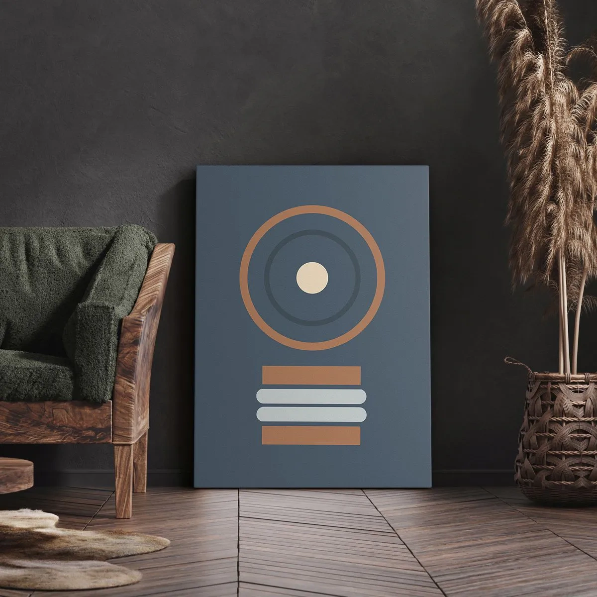Obraz na płótnie - Geometryczny obraz w stylu minimalistycznym z okręgami i prostokątami - 50x70cm - Istota rzeczy - Nowoczesna dekoracja ścienna do salonu, kuchni i sypialni ARTTOR