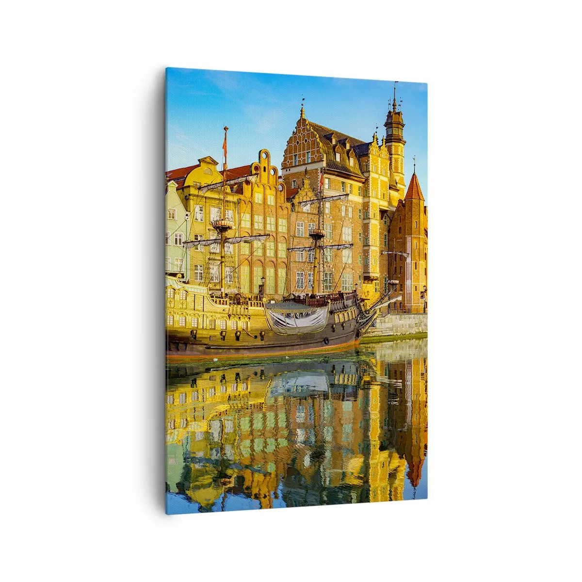 Obraz na płótnie - Malowniczy widok na stare miasto z żaglowcem i wodą - 80x120cm - Lustrzane odbicie przeszłości - Nowoczesna dekoracja ścienna do salonu i sypialni ARTTOR