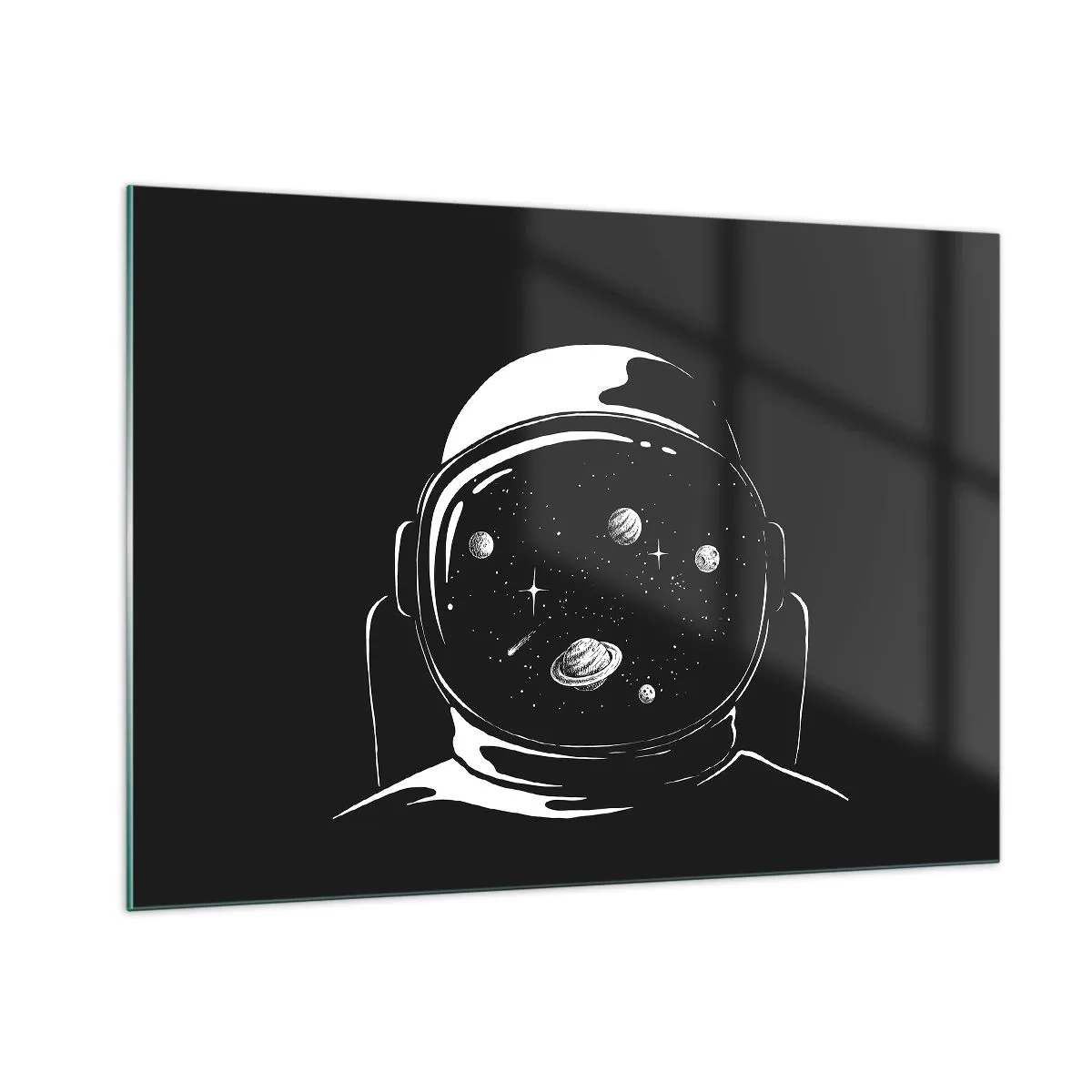 Obraz na szkle - Astronauta z gwiazdami i planetami w hełmie na czarnym tle - 100x70cm - Niezły widok - Nowoczesna dekoracja ścienna do salonu, kuchni i sypialni ARTTOR