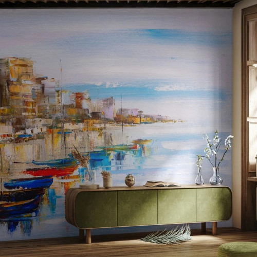 Fototapeta Premium Canvas - Kolorowe łodzie przy brzegu z widokiem na miejską panoramę - 100x70cm - Wielobarwna miejska przystań - Nowoczesna dekoracja ścienna do salonu i sypialni ARTTOR