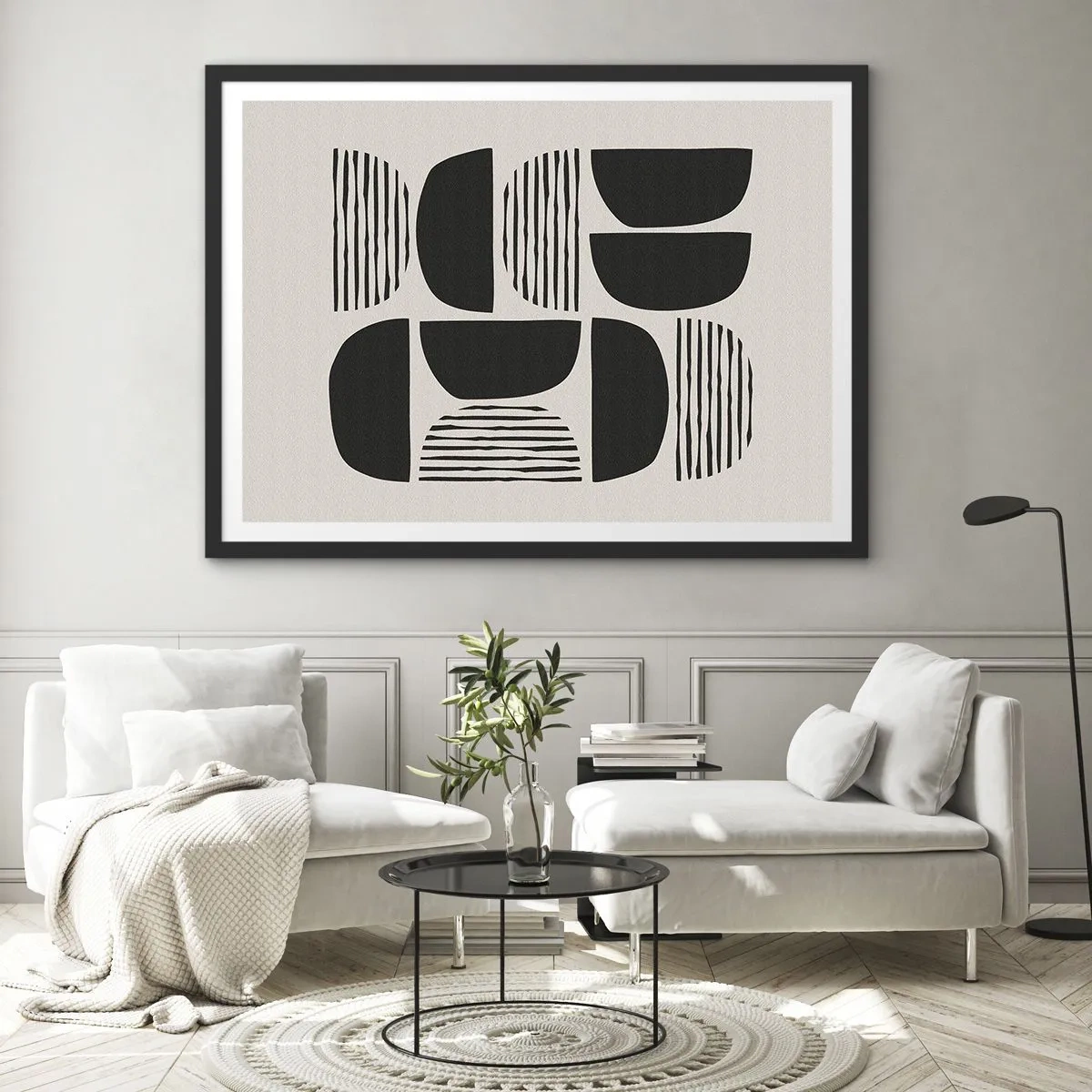 Plakat w czarnej ramie - Geometria z półkolami i liniami w czerni na jasnym tle - 70x50cm - Połowiczne układy - Nowoczesna dekoracja ścienna do salonu i sypialni ARTTOR