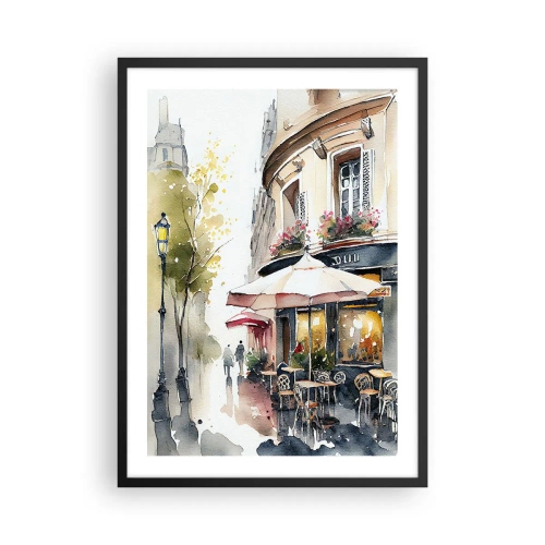 Plakat w czarnej ramie - Kawiarnia na malowniczej ulicy w europejskim stylu - 50x70cm - Paryski poranek - Nowoczesna dekoracja ścienna do salonu i sypialni ARTTOR