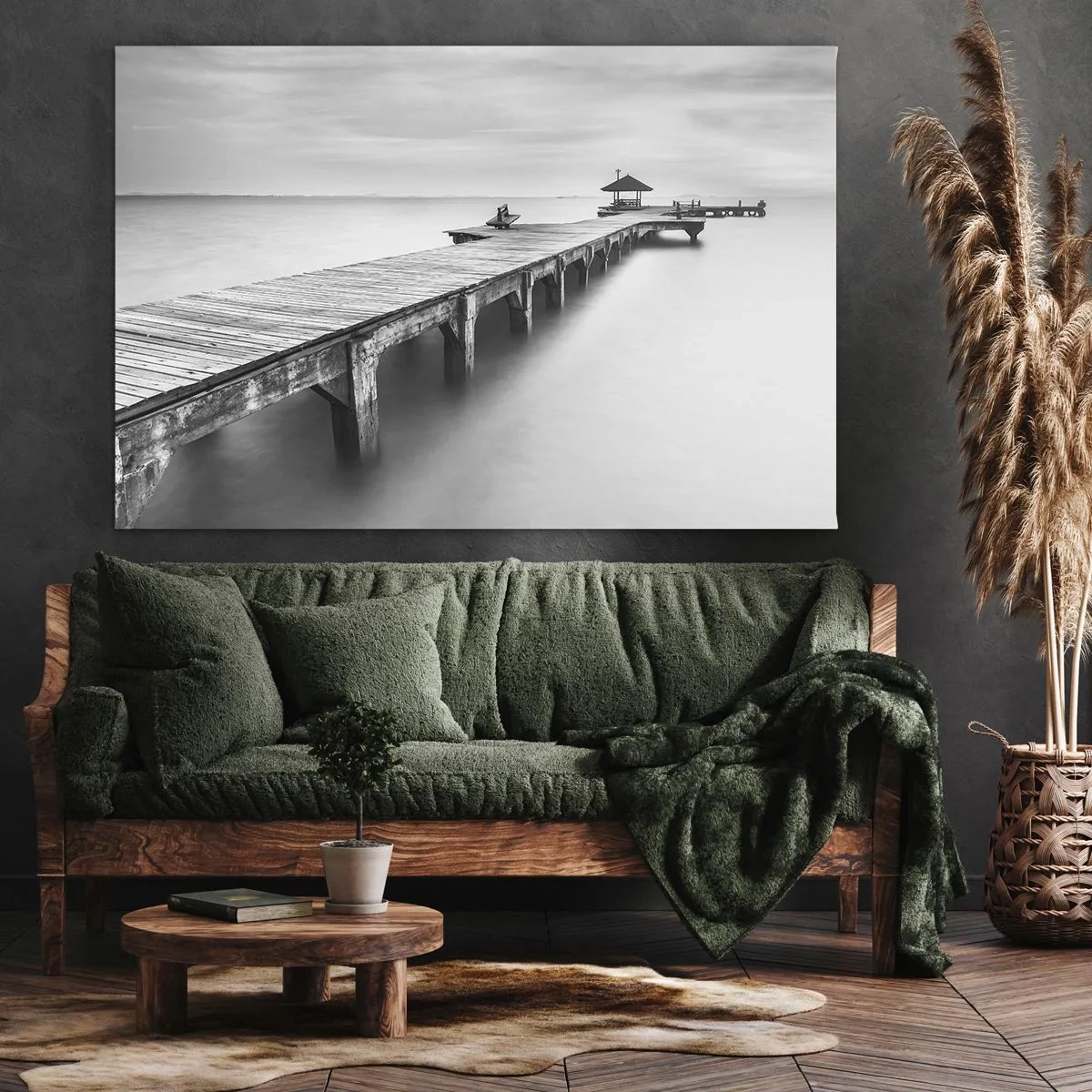 Obraz na płótnie - Czarno-biały widok na drewniane molo nad spokojną wodą - 70x50cm - W siną dal - Nowoczesna dekoracja ścienna do salonu i sypialni ARTTOR