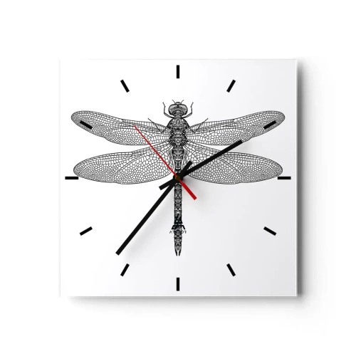 Zegar ścienny - Czarno-biały rysunek ważki na białym tle w minimalistycznym stylu - 30x30cm - Precyzja natury - Nowoczesna dekoracja ścienna do salonu i sypialni ARTTOR