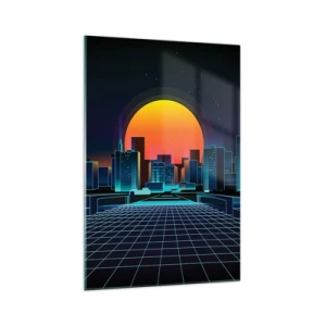 Obraz na szkle - Futurystyczna panorama miasta w stylu neonowym - 70x100cm - Wciąż chcesz do realu? - Nowoczesna dekoracja ścienna do salonu i sypialni ARTTOR