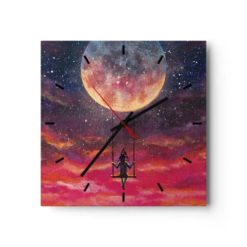 Zegar ścienny - Postać na huśtawce zawieszonej na tle księżyca - 30x30cm - Bujać w obłokach - Nowoczesna dekoracja ścienna do salonu i sypialni ARTTOR