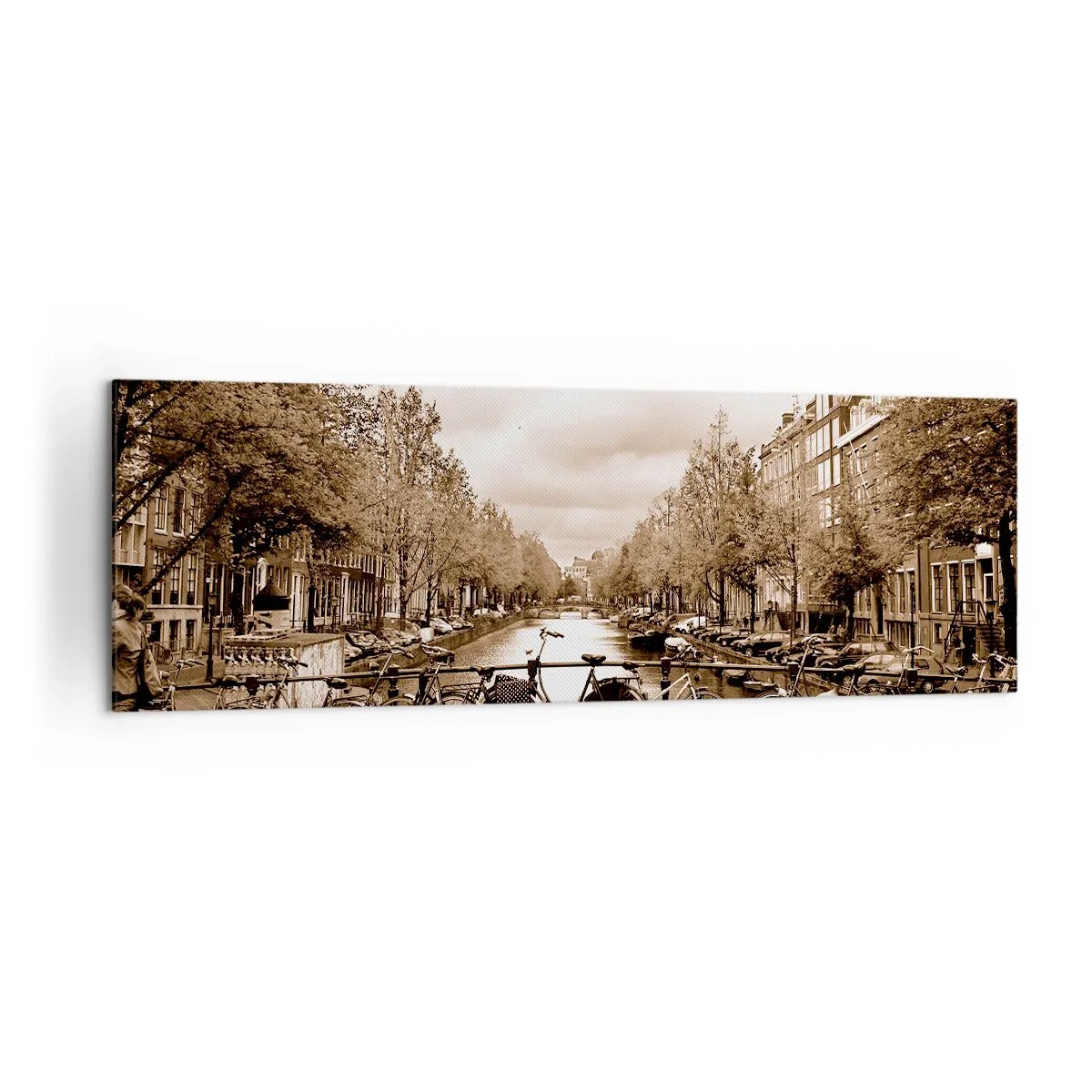 Obraz na płótnie - Rowerowy mostek nad kanałem w sepia - 160x50cm - Holenderskie klimaty - Nowoczesna dekoracja ścienna do salonu i sypialni ARTTOR