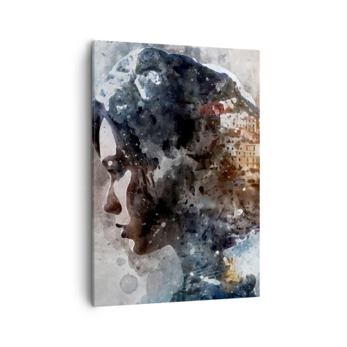 Obraz na płótnie - Artystyczny portret kobiety z elementami abstrakcji i krajobrazu - 50x70cm - Opowieść o dziewczynie z miastem w tle - Nowoczesna dekoracja ścienna do salonu, kuchni i sypialni ARTTOR