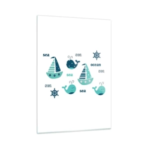 Obraz na szkle - Morski motyw z żaglówkami i wielorybami - 50x70cm - Przez morza i oceany - Nowoczesna dekoracja ścienna do salonu, kuchni i sypialni ARTTOR