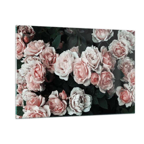 Obraz na szkle - Bukiet różowych róż na ciemnym tle w zbliżeniu - 120x80cm - Różany ansamble - Nowoczesna dekoracja ścienna do salonu, kuchni i sypialni ARTTOR