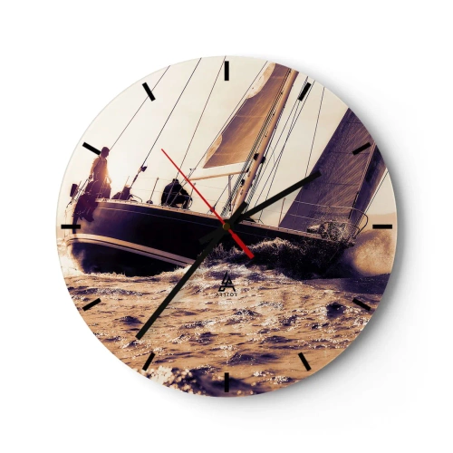 Zegar ścienny - Jacht żeglujący na wzburzonym morzu w promieniach słońca - 30x30cm - Żeglujże, żeglarzu - Nowoczesna dekoracja ścienna do salonu, kuchni i sypialni ARTTOR