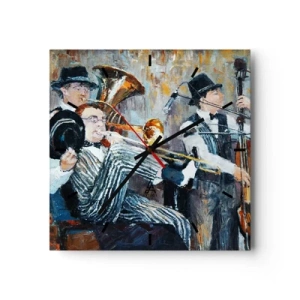Zegar ścienny - Muzycy jazzowi w stylu malarskim podczas koncertu - 30x30cm - Cały ten jazz - Nowoczesna dekoracja ścienna do salonu i sypialni ARTTOR