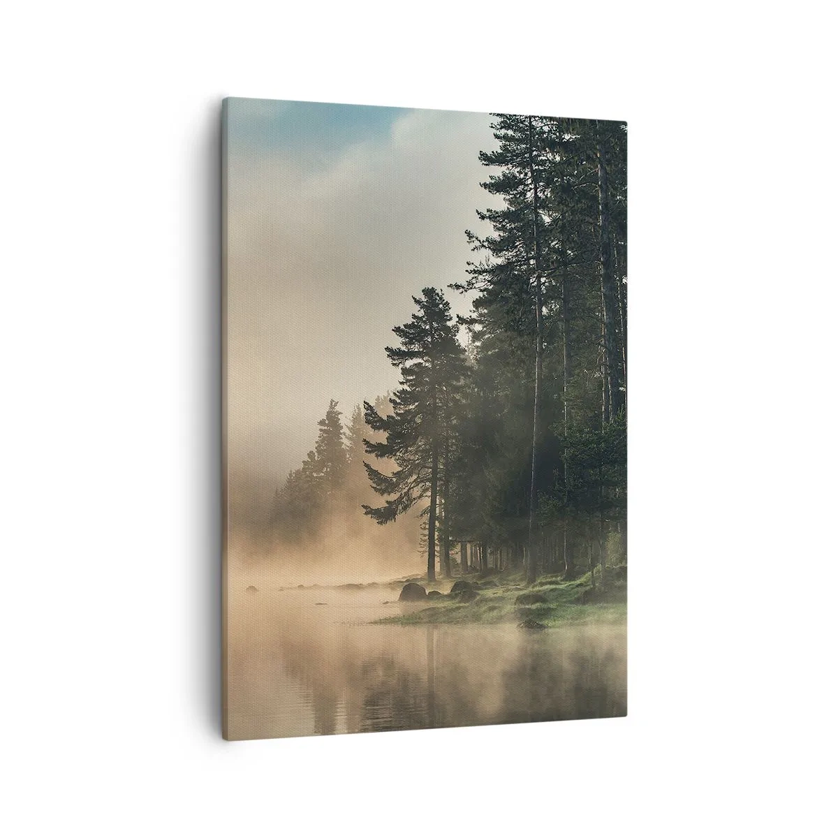 Obraz na płótnie - Mglisty las nad spokojnym jeziorem o świcie - 50x70cm - Narodziny dnia - Nowoczesna dekoracja ścienna do salonu, kuchni i sypialni ARTTOR