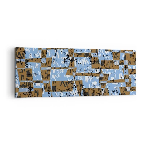 Obraz na płótnie - Abstrakcyjna kompozycja z prostokątów w odcieniach brązu i niebieskiego - 140x50cm - Nieludowa wycinanka - Nowoczesna dekoracja ścienna do salonu i sypialni ARTTOR